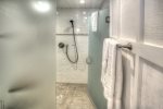 Large walk-in shower in lower level bath